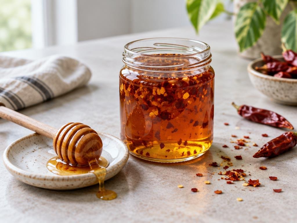A glass jar of amber hot honey with dried chili flakes and a honey dipper on a light stone counter (illustrative image)