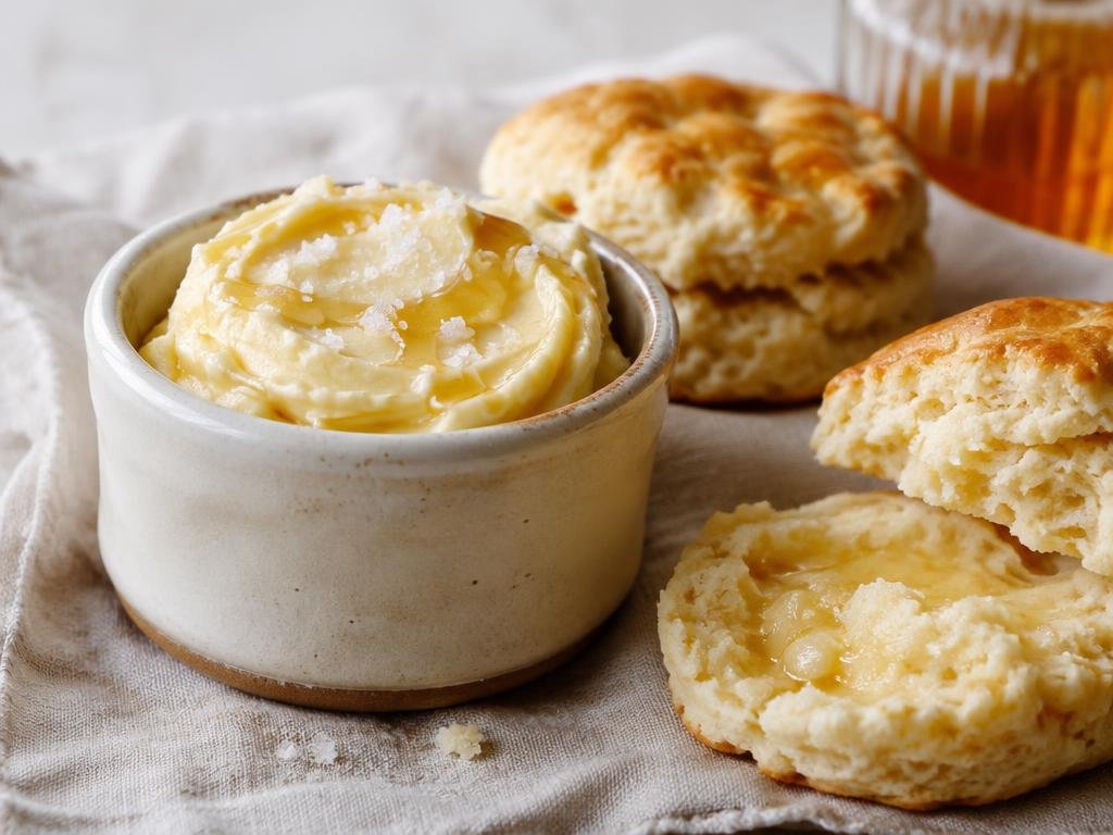Whipped honey butter in a small ceramic crock topped with flaky salt beside split buttermilk biscuits (illustrative image)