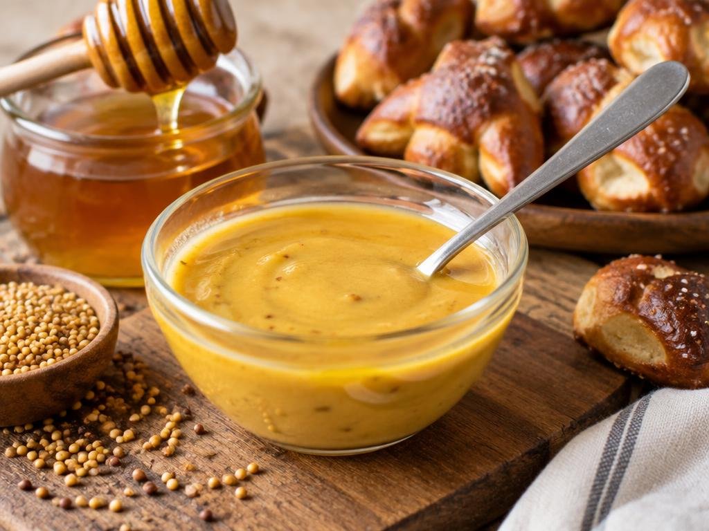 Glass bowl of creamy honey mustard sauce with a spoon beside a honey jar, mustard seeds, and soft pretzel bites (illustrative image)