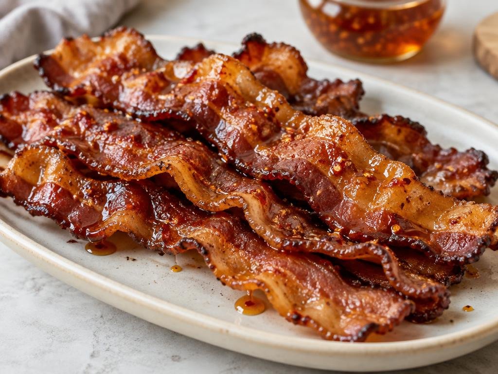 Crisp thick-cut bacon strips with glossy chili honey glaze on a pale ceramic platter (illustrative image)