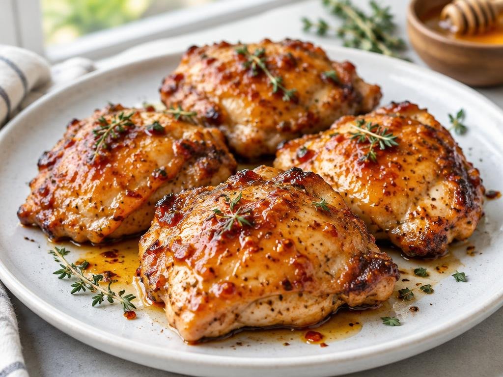 Golden chicken thighs coated in glossy chili honey on a white plate with thyme (illustrative image)