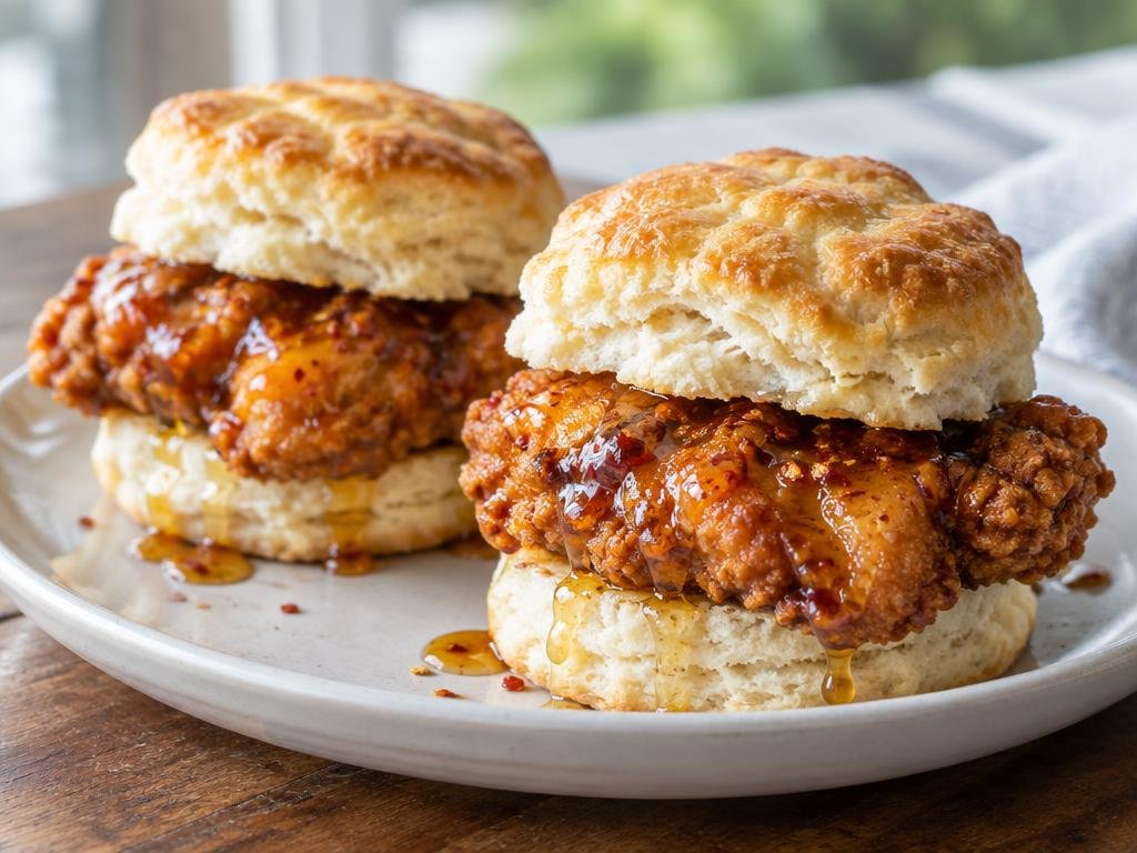 Flaky buttermilk biscuits filled with crispy chicken and glossy hot honey on a white plate (illustrative image)