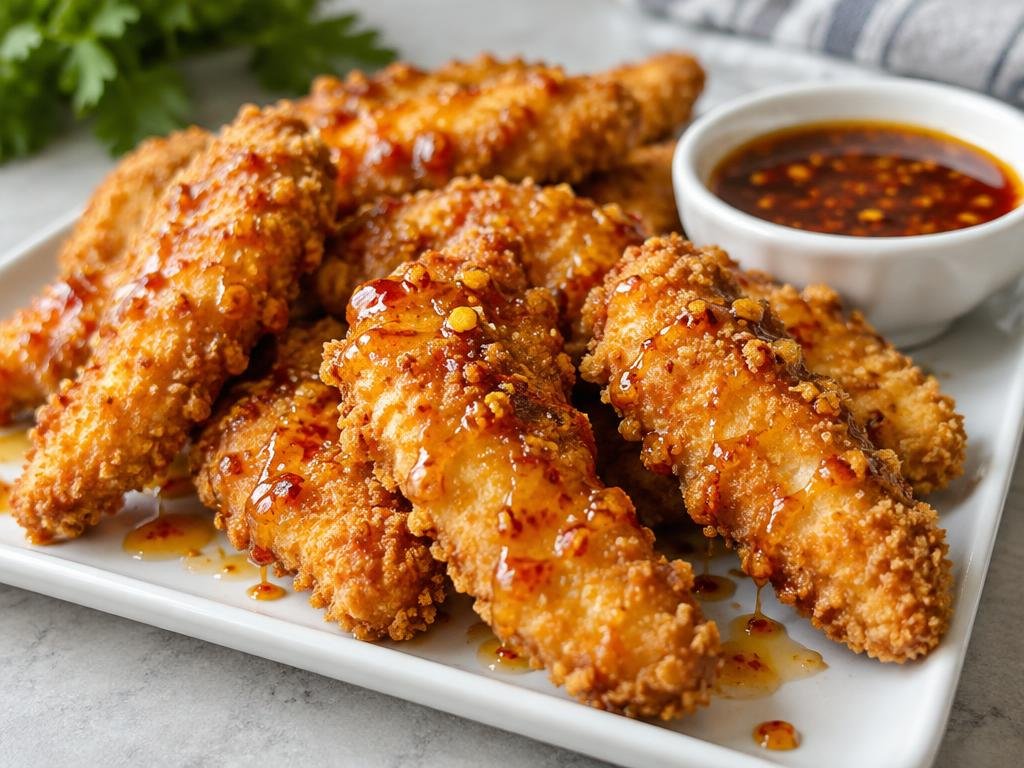 Golden panko chicken tenders drizzled with hot honey on a white platter beside sauce (illustrative image)