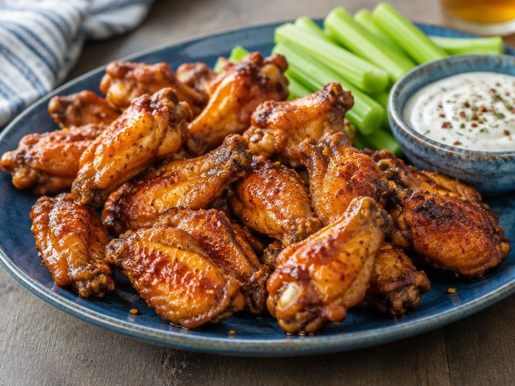 Roasted chicken wings glazed with hot honey on a blue platter beside celery and dip (illustrative image)