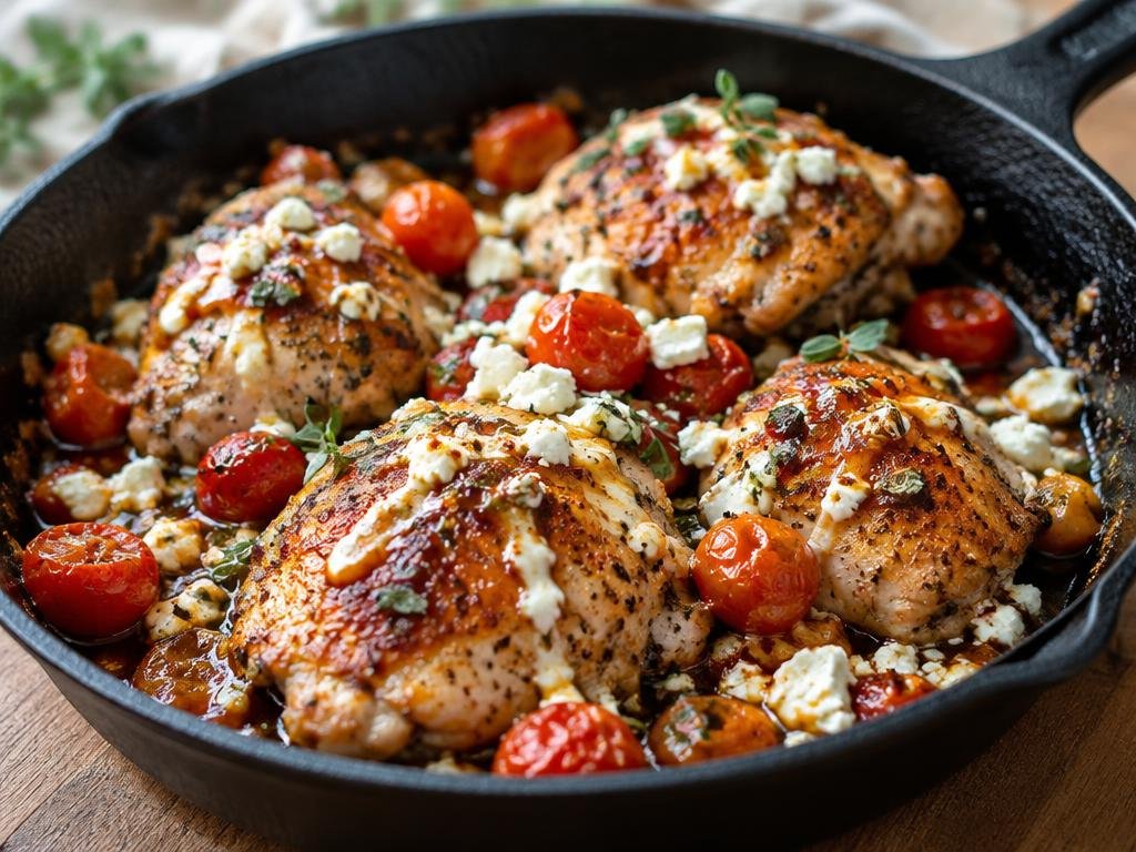 Roasted chicken thighs with melted feta and blistered cherry tomatoes in a cast iron skillet (illustrative image)