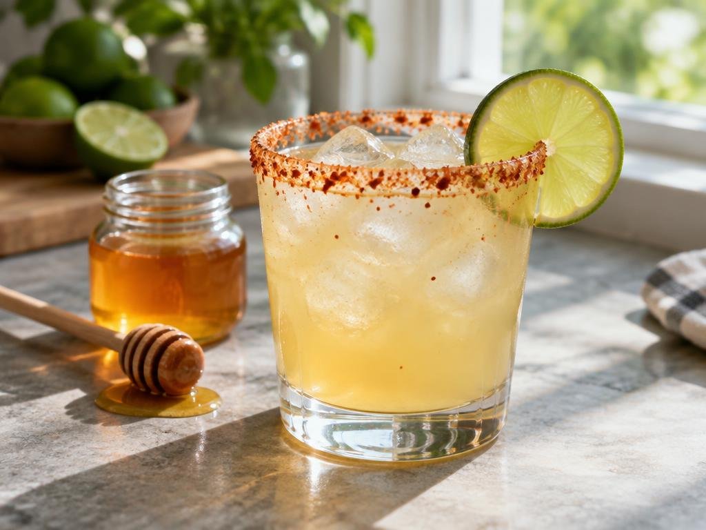 Pale golden margarita over ice in a clear glass with a chili-salt rim and lime wheel (illustrative image)