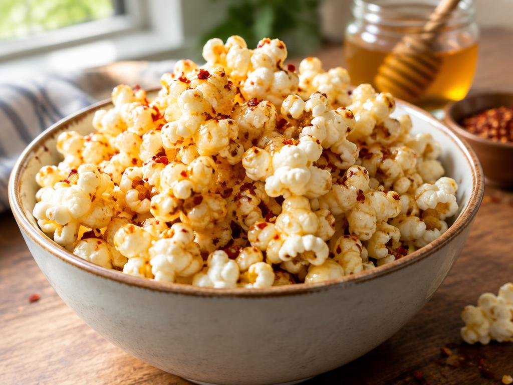 Fresh popped corn lightly coated with honey and red chili flakes in a ceramic bowl (illustrative image)