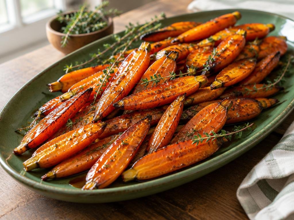 Halved orange carrots with glossy hot honey and fresh thyme on a green oval platter (illustrative image)