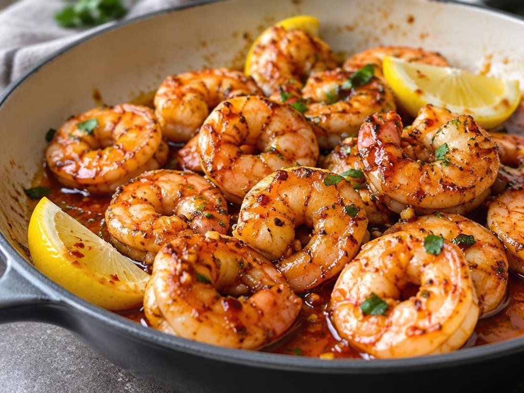 Pink seared shrimp glazed with hot honey and lemon wedges in a light skillet (illustrative image)
