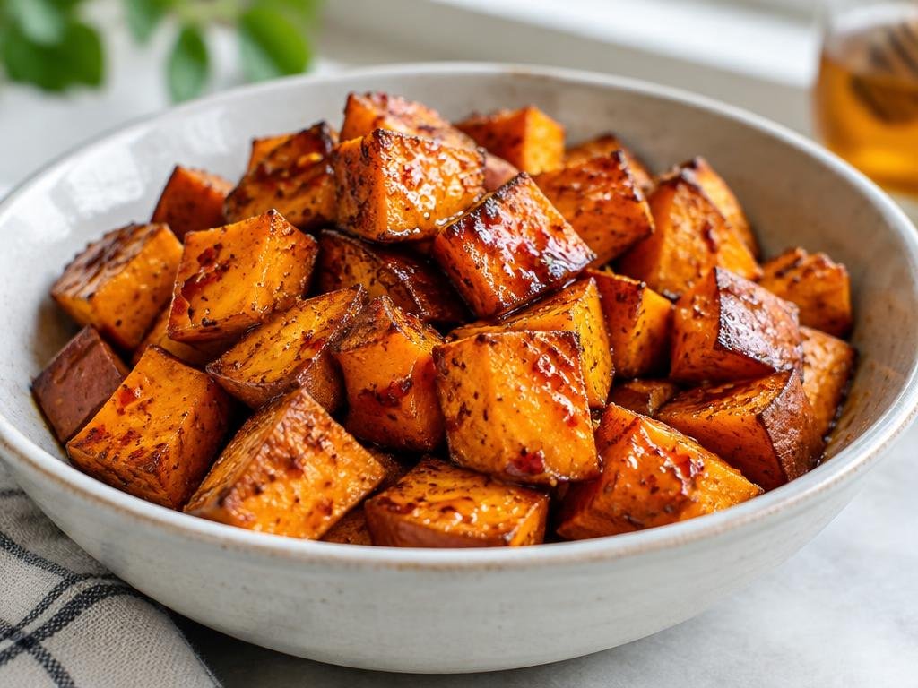 Roasted orange sweet potato cubes with caramelized edges and glossy honey in a pale bowl (illustrative image)