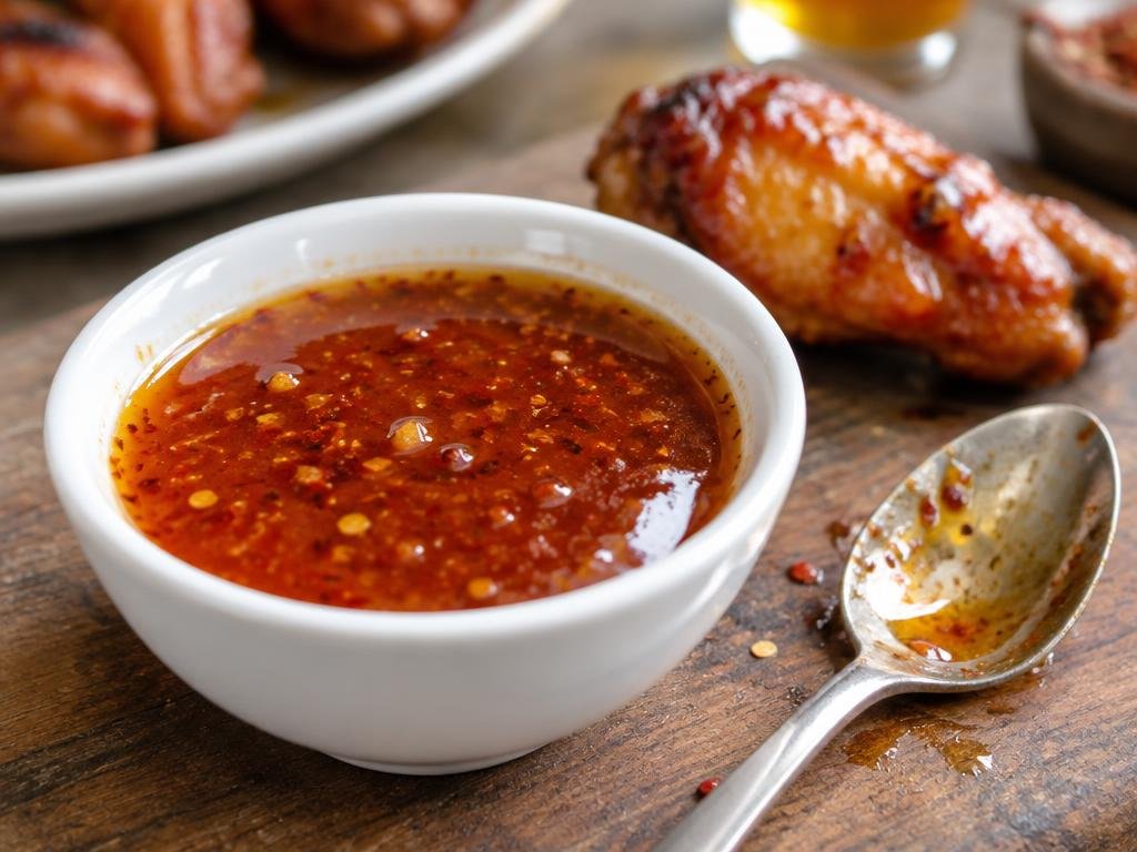 Glossy amber-red hot honey wing sauce with chili flecks in a white ceramic bowl (illustrative image)