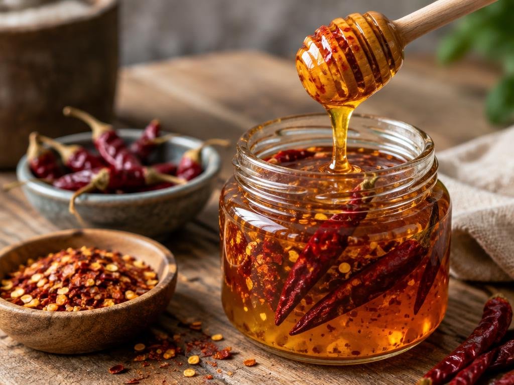 Jar of amber chili-infused honey with dried red chilies and a honey dipper on a wooden table